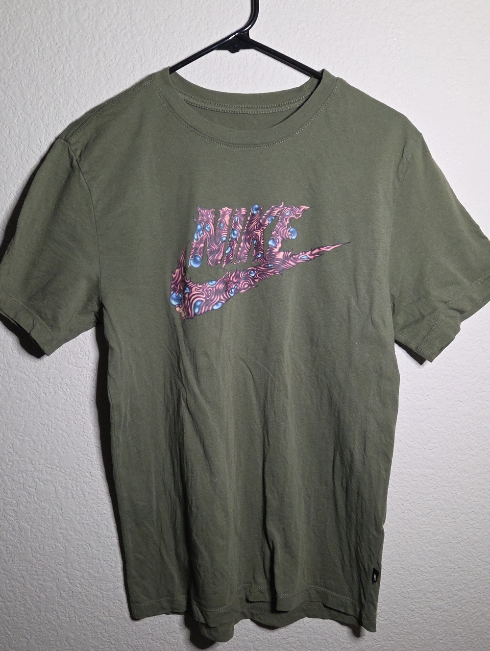 Nike Olive Green Tee with Pink and Blue Swirl Swoosh